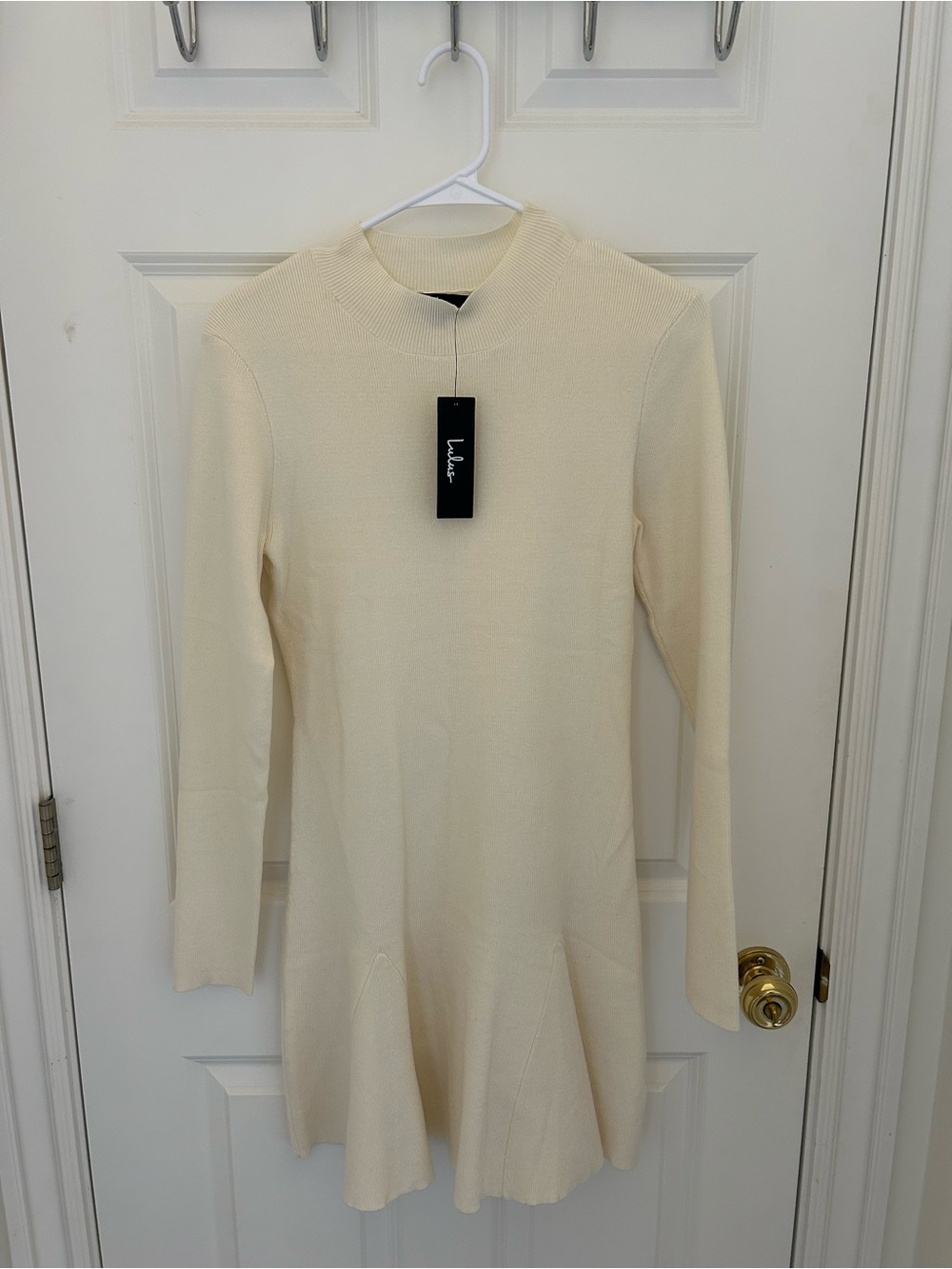 Lulu's Cream Long-Sleeve Fit-and-Flare Knit Dress